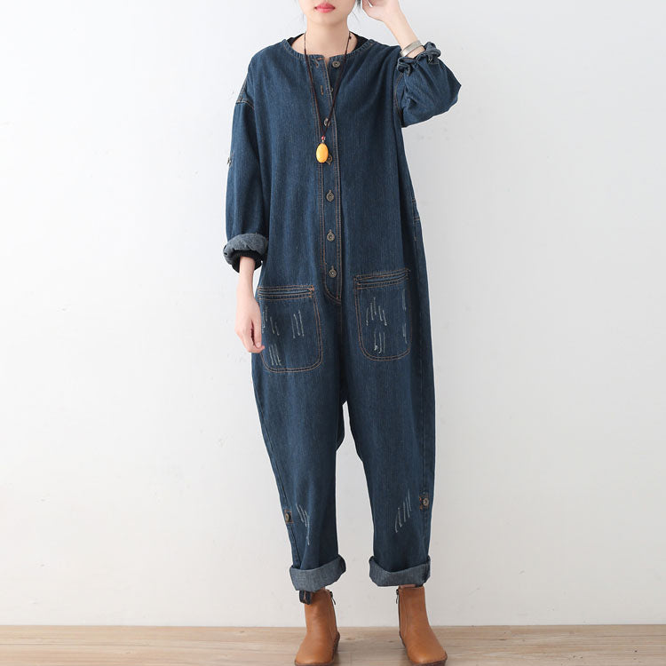 Blue Cotton High Waist Jumpsuit Pants