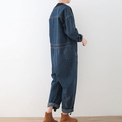 Blue Cotton High Waist Jumpsuit Pants