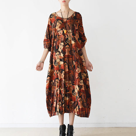Brown Prints Cotton Dress Clothing O Neck Cotton Clothing Dresses