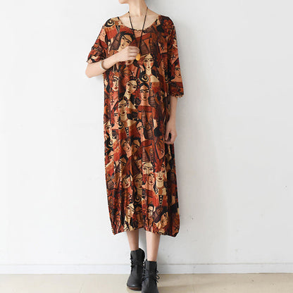 Brown Prints Cotton Dress Clothing O Neck Cotton Clothing Dresses
