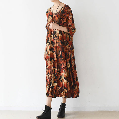 Brown Prints Cotton Dress Clothing O Neck Cotton Clothing Dresses