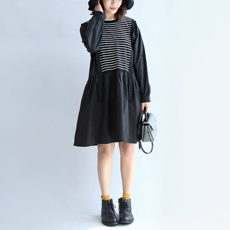 Dark Striped Knit Patchwork Cotton Dresses O Neck Dress