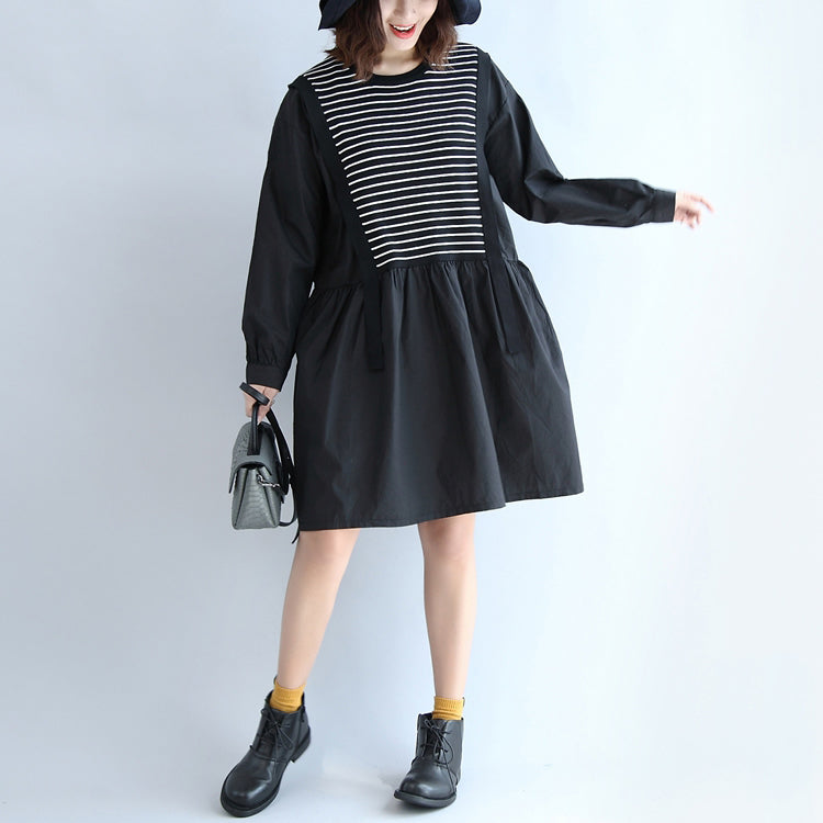 Dark Striped Knit Patchwork Cotton Dresses O Neck Dress