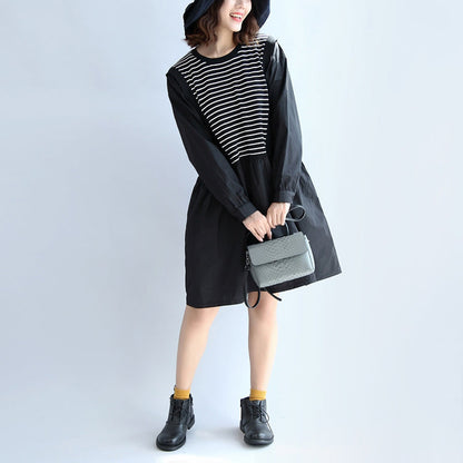 Dark Striped Knit Patchwork Cotton Dresses O Neck Dress