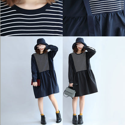 Dark Striped Knit Patchwork Cotton Dresses O Neck Dress