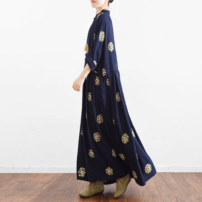 Fall Navy Embroidered Chiffon Dresses Oversized Chiffon Gown Caftans Traveling
