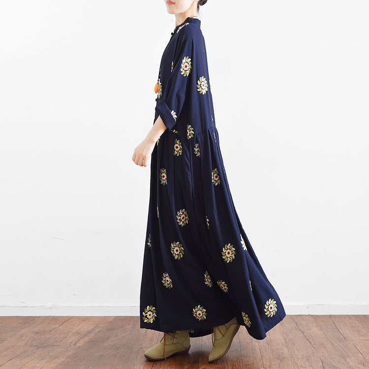 Fall Navy Embroidered Chiffon Dresses Oversized Chiffon Gown Caftans Traveling