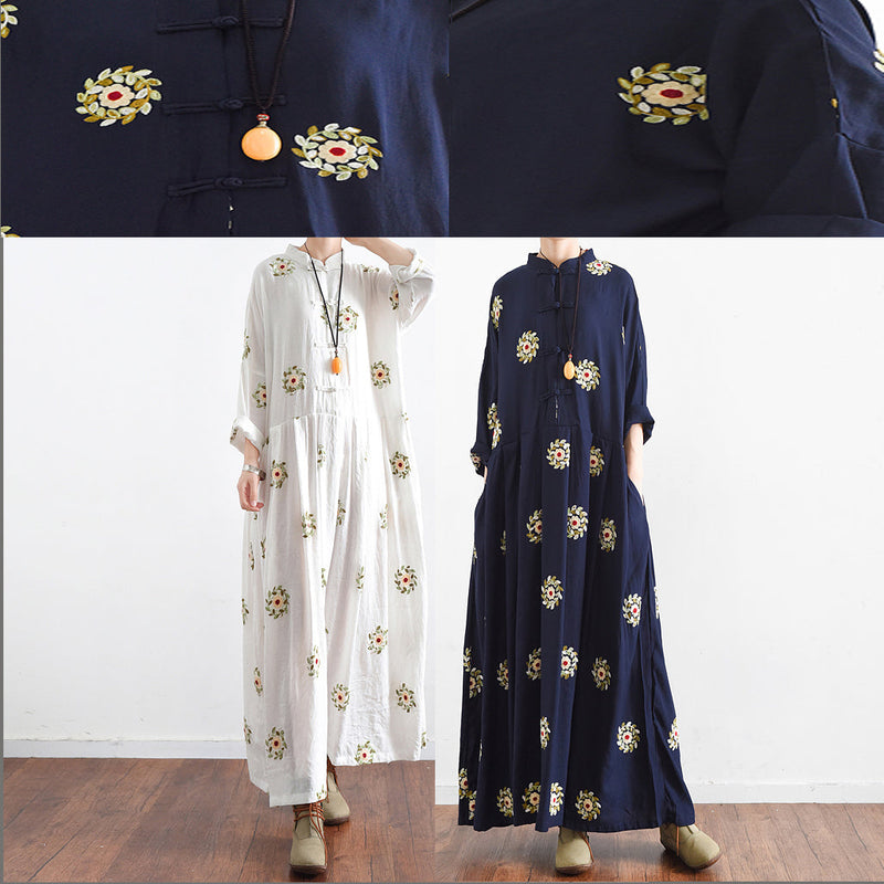 Fall Navy Embroidered Chiffon Dresses Oversized Chiffon Gown Caftans Traveling