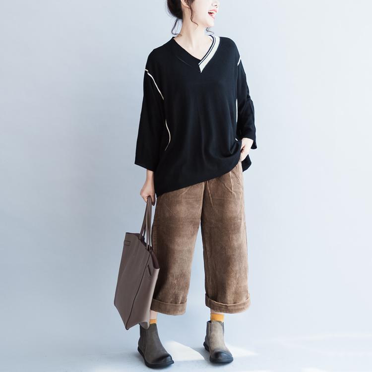 Fall Black V Neck Cotton Sweater Patchwork Knit Tops