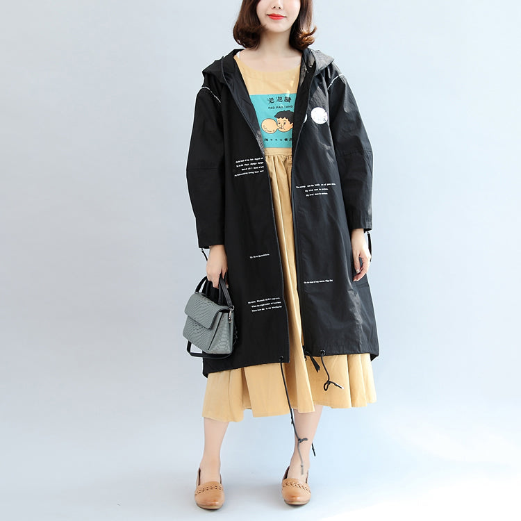Fall Black Alphabet Print Cotton Blouse Oversize Long Sleeve Hooded Coat