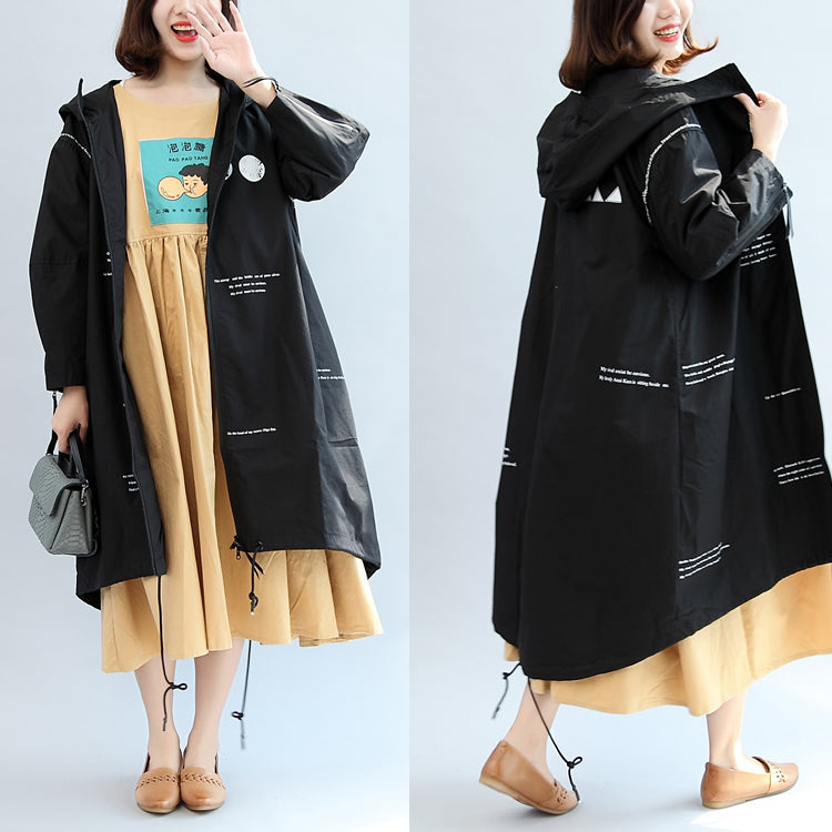 Fall Black Alphabet Print Cotton Blouse Oversize Long Sleeve Hooded Coat