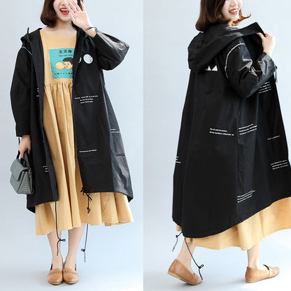 Fall Black Alphabet Print Cotton Blouse Oversize Long Sleeve Hooded Coat