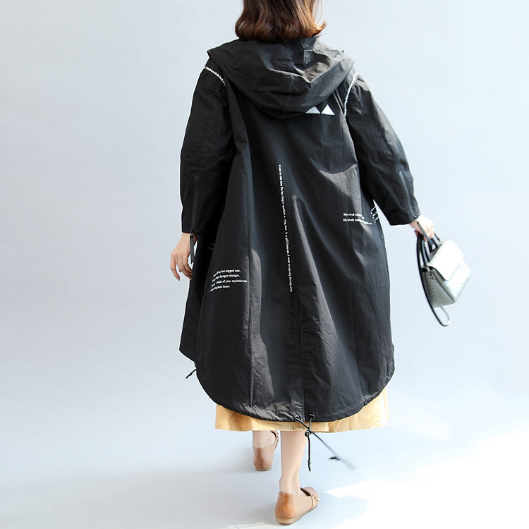 Fall Black Alphabet Print Cotton Blouse Oversize Long Sleeve Hooded Coat