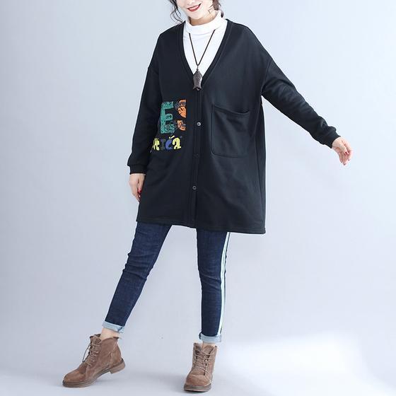 Fall Black Alphabet Print Cotton Coat V Neck Hooded Cardigans Outwear