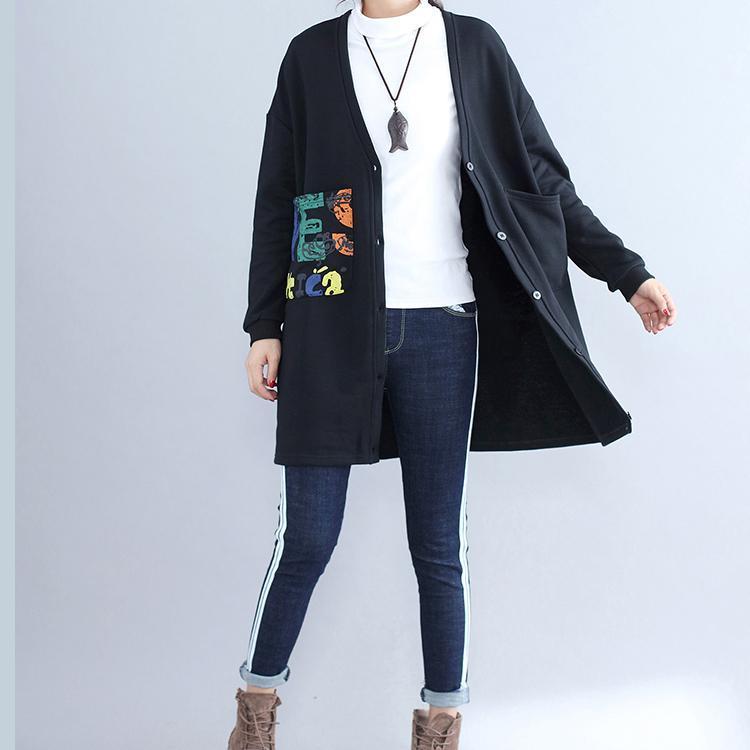 Fall Black Alphabet Print Cotton Coat V Neck Hooded Cardigans Outwear