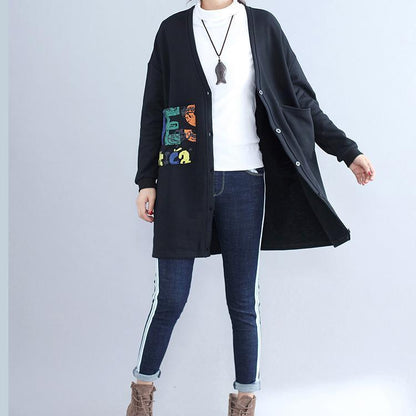 Fall Black Alphabet Print Cotton Coat V Neck Hooded Cardigans Outwear