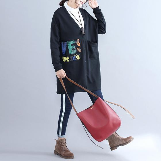 Fall Black Alphabet Print Cotton Coat V Neck Hooded Cardigans Outwear