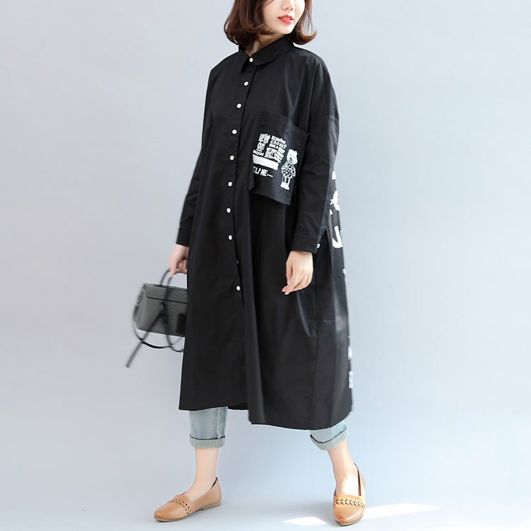 Fall Black Animal Print Cotton Tops Oversize O Neck Shirt Dress