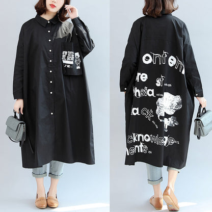 Fall Black Animal Print Cotton Tops Oversize O Neck Shirt Dress