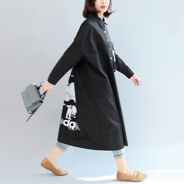 Fall Black Animal Print Cotton Tops Oversize O Neck Shirt Dress
