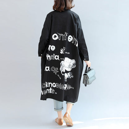 Fall Black Animal Print Cotton Tops Oversize O Neck Shirt Dress
