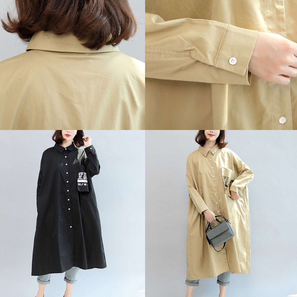 Fall Black Animal Print Cotton Tops Oversize O Neck Shirt Dress