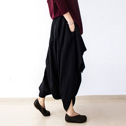 Fall Black Carrot Pants Oversized Linen Pants Layered Pants Elastic Waist