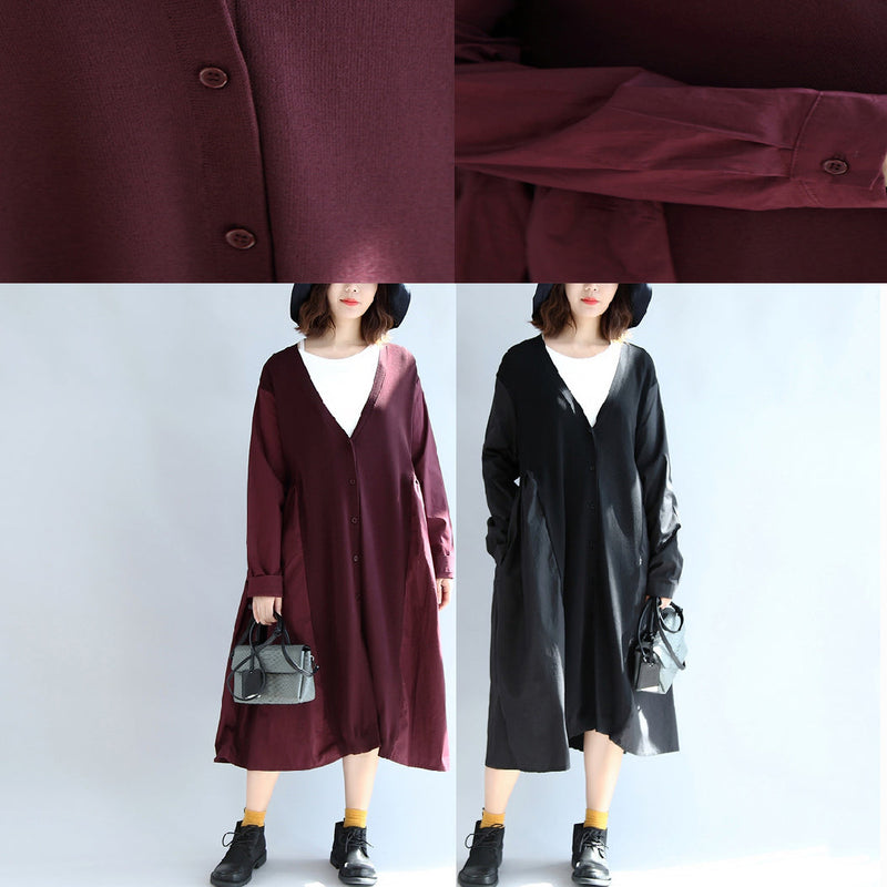 Fall Black Patchwork Silk Knit Cardigans V Neck Sweaters Outwear