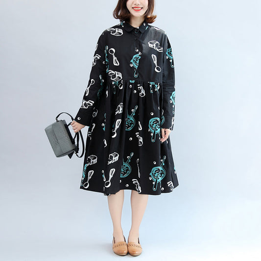Fall Black Print Cotton Outwear Long Sleeve Warm Clothes