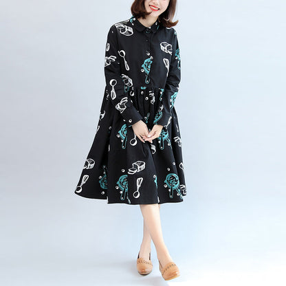 Fall Black Print Cotton Outwear Long Sleeve Warm Clothes