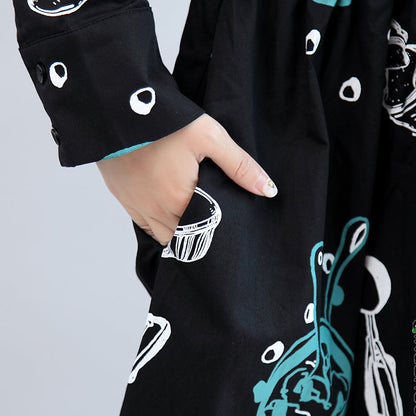 Fall Black Print Cotton Outwear Long Sleeve Warm Clothes