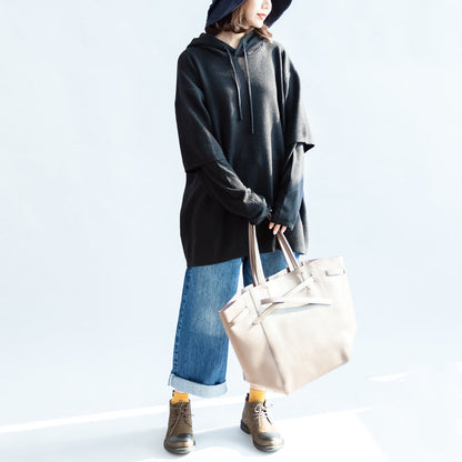 Fall Black Print Woolen Blended Coats Hooded Layered Sleeve Mid Outwear