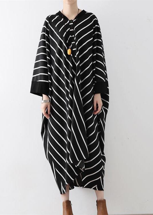 Fall Black Strip Caftans V Neck Oversized Cotton Maxi Dresses Traveling Gown