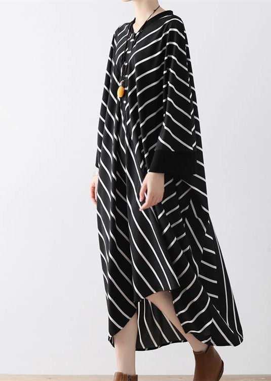 Fall Black Strip Caftans V Neck Oversized Cotton Maxi Dresses Traveling Gown