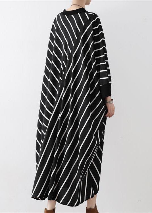 Fall Black Strip Caftans V Neck Oversized Cotton Maxi Dresses Traveling Gown