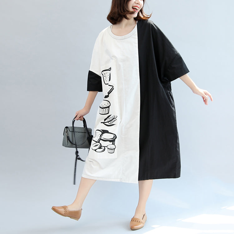 Fall Black White Patchwork Cotton Dresses Oversize Print Warm Outfits