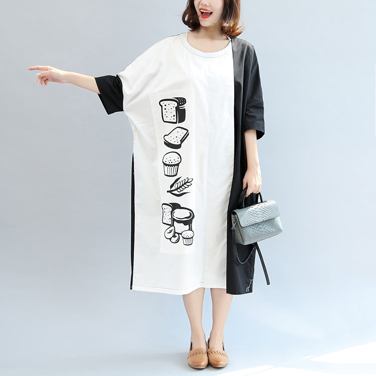 Fall Black White Patchwork Cotton Dresses Oversize Print Warm Outfits