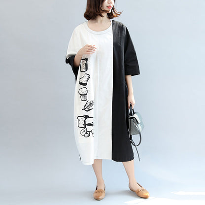 Fall Black White Patchwork Cotton Dresses Oversize Print Warm Outfits