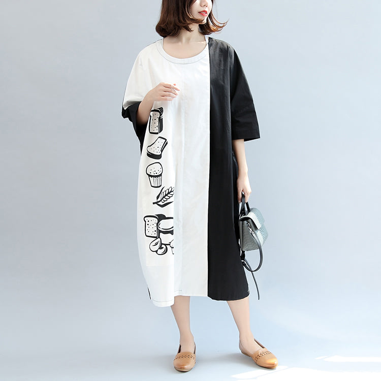 Fall Black White Patchwork Cotton Dresses Oversize Print Warm Outfits