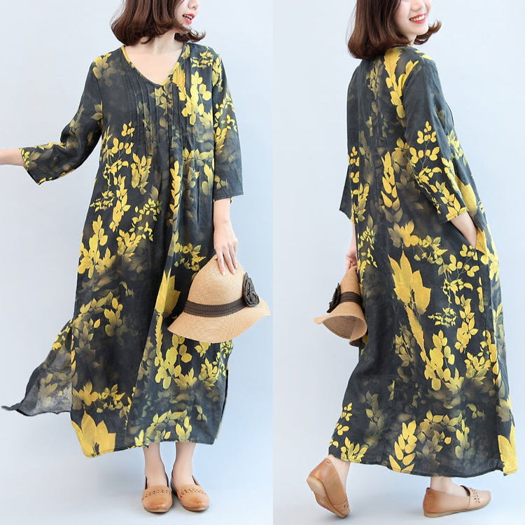 Fall Black Yellow Print Linen Dresses V Neck Sundress Side Open