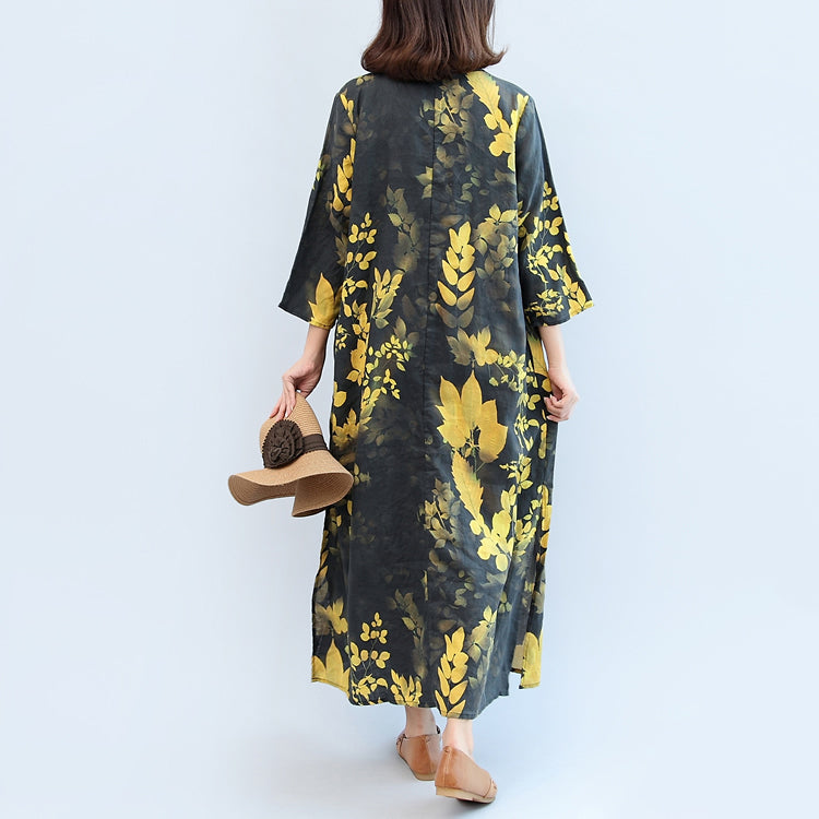 Fall Black Yellow Print Linen Dresses V Neck Sundress Side Open
