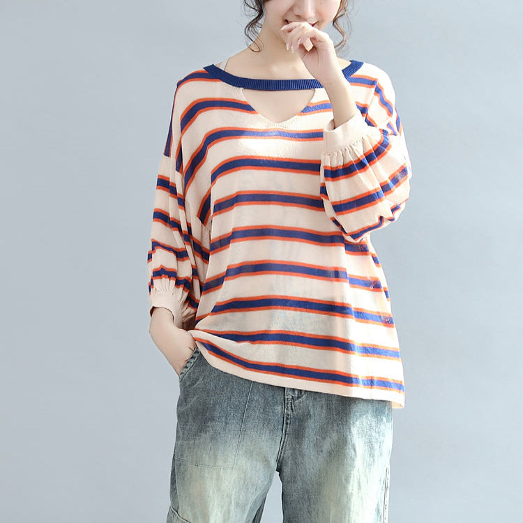 Fall Blue Striped Cotton Blouse Oversize V Neck Tops