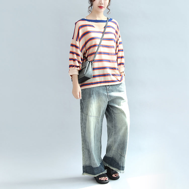 Fall Blue Striped Cotton Blouse Oversize V Neck Tops