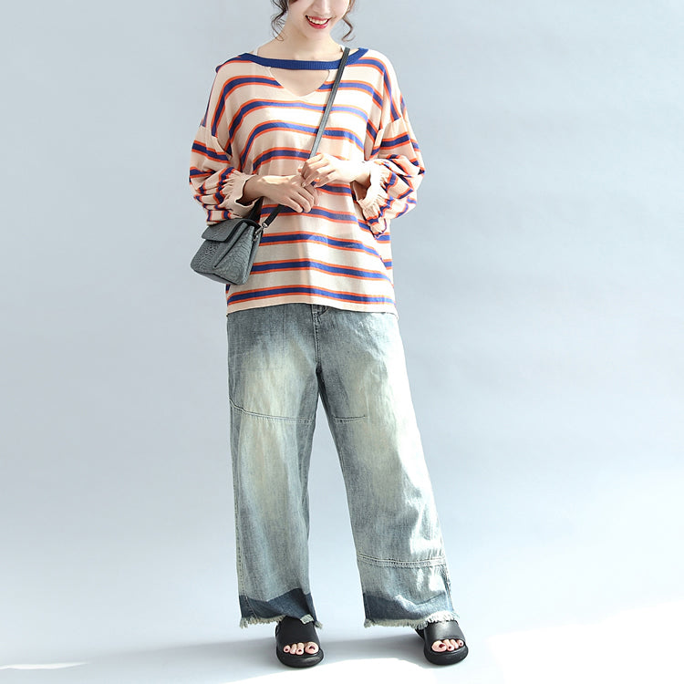 Fall Blue Striped Cotton Blouse Oversize V Neck Tops