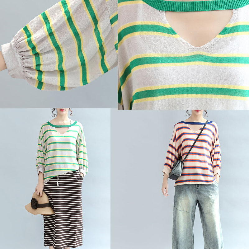 Fall Blue Striped Cotton Blouse Oversize V Neck Tops