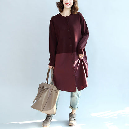 Fall Burgundy Patchwork Hem Cotton Sweater Dresses Knit Shirts Dress