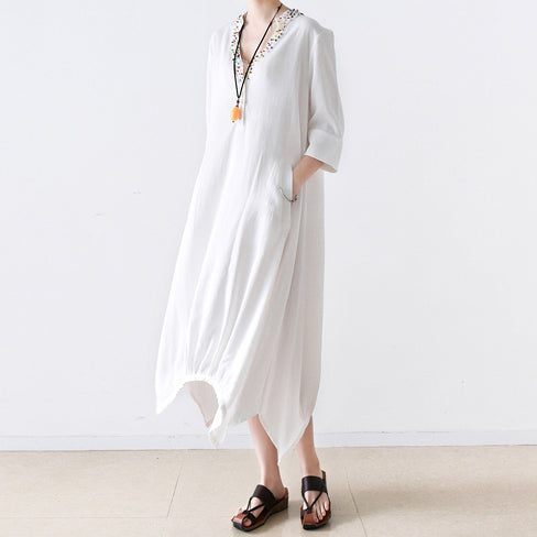 Fall Cotton Dresses V Neck White Dresses Beads Details Black Cotton Dresses