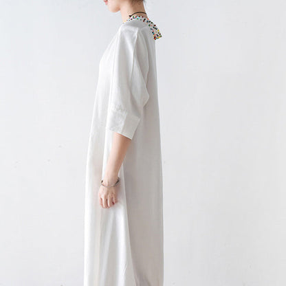 Fall Cotton Dresses V Neck White Dresses Beads Details Black Cotton Dresses