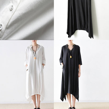 Fall Cotton Dresses V Neck White Dresses Beads Details Black Cotton Dresses