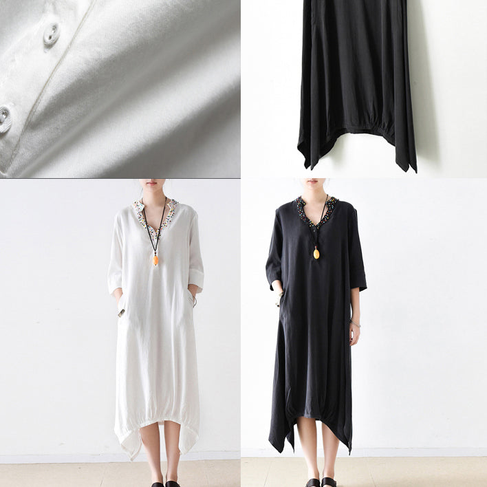 Fall Cotton Dresses V Neck White Dresses Beads Details Black Cotton Dresses